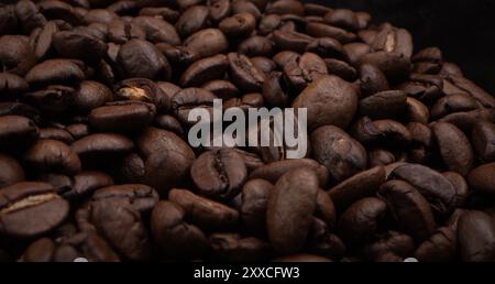 Ein Haufen Kaffeebohnen, die zusammen gestapelt sind und zu einer köstlichen Tasse Kaffee gebrüht werden können. Nahaufnahme gerösteter Arabica-Kaffeebohnen. Verschiedene Typen Stockfoto