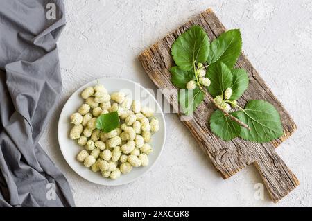 Frische weiße Maulbeeren im Teller mit Zweig auf hölzernem Hintergrund, Sommerfrucht-Konzept Stockfoto