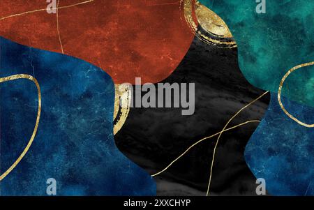 Abstrakte Marmortapete mit 3D-Illustration. Türkisfarbener, roter, schwarzer und dunkelblauer Marmor und goldene Wellenlinien. Für Wohnkultur Stockfoto