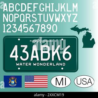 Michigan Autokennzeichen, grüner Vintage-Stil, Vereinigte Staaten von Amerika, Buchstaben, Zahlen und Symbole Vektorillustration Stock Vektor