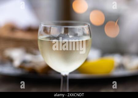 Verkostung von Bordeaux-Weißwein, rechtes Ufer der Gironde-Mündung, Frankreich. Gläser weißen, süßen französischen Weines, serviert im Außenrestaurant, Austern Farm Stockfoto