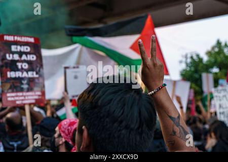 Chicago, Illinois, USA. August 2024. Ein Demonstrant hält während des Marsches auf dem DNC in Chicago ein Friedenszeichen vor einer palästinensischen Flagge (Credit Image: © Chris Riha/ZUMA Press Wire) NUR REDAKTIONELLE VERWENDUNG! Nicht für kommerzielle ZWECKE! Stockfoto