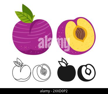 Plum symbol cartoon set. Ripe half and whole plum linear doodle icon. Abstract childish hand drawn juicy purple fruit. Simple stylized sign graphic shape. Vector trendy kids clipart illustration Stock Vektor
