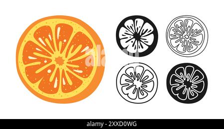 Zeichentrickset mit orangefarbenem Zitrussymbol. Halb orange Mandarine lineares Doodle-Symbol. Abstrakte kindliche, handgezeichnete Zitrusfrucht mit Logo. Signierte, stilisierte Silhouettenform. Einfache grafische Darstellung des Vektors Stock Vektor