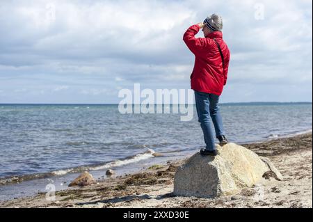 Frau, die auf einem Stein steht und in Richtung Horizont blickt Stockfoto