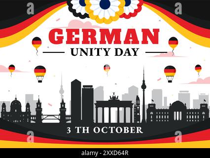 Deutsche Unity Day Vektor-Illustration am 3. Oktober mit der deutschen Flagge und nationalen Wahrzeichen in einem flachen Stil Hintergrund für Feiertage Stock Vektor