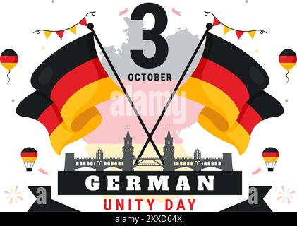 Deutsche Unity Day Vektor-Illustration am 3. Oktober mit der deutschen Flagge und nationalen Wahrzeichen in einem flachen Stil Hintergrund für Feiertage Stock Vektor