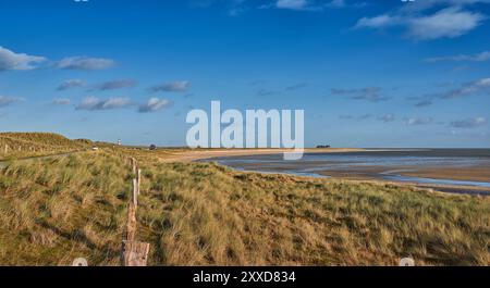 Exponierte Mündungsschlammflächen bei Ebbe im Wattenmeer mit Blick über Küstengräser und einen Grenzzaun in einer malerischen Landschaft Stockfoto