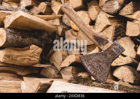 Die Axt steckt in einem Holzstamm vor dem Hintergrund gehackten Brennholzes, der auf einem flachen Stapel liegt. Nahaufnahme Stockfoto