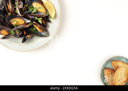 Marinara Muscheln, Moules Mariniere, Schuß von oben auf einen weißen Hintergrund mit geröstetem Brot und kopieren Sie Raum, belgische Küche Design Template Stockfoto