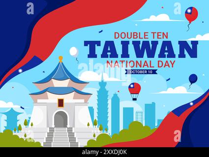 Happy Double Ten National Day Vector Illustration on October 10 with Taiwan Waving Flag and Balloons in a Holiday Flat Style Cartoon Background Stock Vector