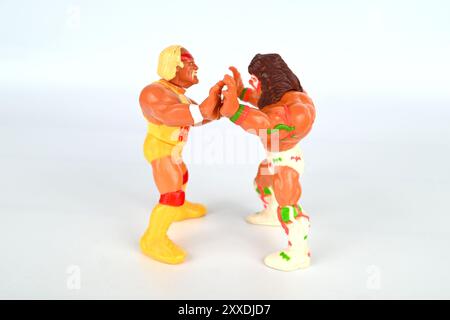 Hulk Hogan und Ultimate Warrior WWF Actionfigur von Hasbro – Wales, Großbritannien – 22. August 2024 Stockfoto