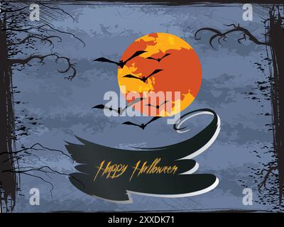 Ein Halloween-Poster mit Fledermäusen, die am Himmel fliegen, und einem großen orangen Mond. Auf dem Poster steht „Happy Halloween“ in fetten Buchstaben Stock Vektor