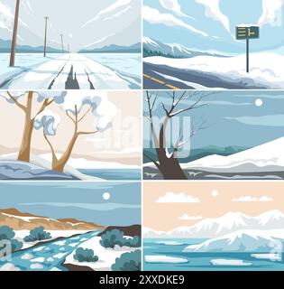 Winterkollektion Mit Verschneiten Landschaften Stock Vektor