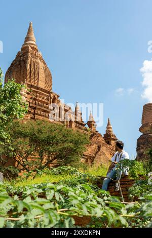 Reisende erkunden die Bagan-Tempel inmitten von Bäumen Stockfoto