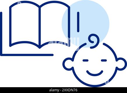 Buch öffnen und Babygesicht öffnen. Bettgeschichten, frühes Lesen für Kinder. Symbol für Pixelperfekte, bearbeitbare Kontur Stock Vektor