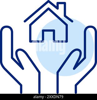 Zuhause in zwei fürsorglichen Händen. Immobilienentwicklung und Immobilienmanagement. Symbol für Pixelperfekte, bearbeitbare Kontur Stock Vektor