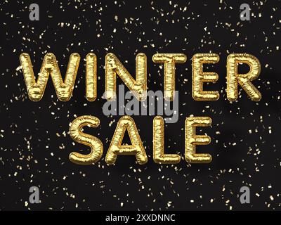 Goldene Ballons zeigen Winterangebot auf schwarzem Hintergrund. 3D-Abbildung. Stockfoto