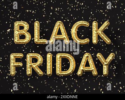 Goldene Ballons Text Black friday auf schwarzem Hintergrund. 3D-Abbildung. Stockfoto