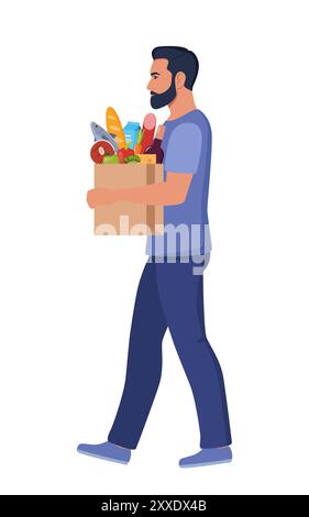 Mann, der mit einer Papiertüte voller Lebensmittel geht. Der Typ kauft Essen, Gemüse, Brot. Lebensmittelgeschäfte. Vektorabbildung Stock Vektor