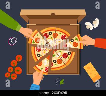 Die Leute nehmen Dreieck-Pizzascheiben aus der Kiste auf dem Tisch. Blick von oben auf italienisches Fast Food bei einer Firmenfeier. Hungrige Freunde essen gemeinsam Fast Food Stock Vektor