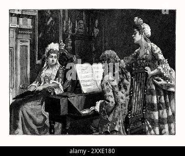 Ein alter Stich der Sängerin Arabella Hunt (rechts) am Hof von Königin Maria II (links) von England in den 1700er Jahren Es stammt aus einem viktorianischen Geschichtsbuch aus dem jahr 1900. Arabella Hunt (1662–1705). Am Hof war Hunt am königlichen Hof als Sänger und Lautenist angestellt. Sie wurde von Königin Mary gut angenommen und gab Prinzessin Anne Gesangsunterricht. Später gab Königin Mary ihr eine jährliche Rente von £100. Stockfoto