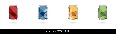 Symbolsatz für Soda-Dose. Farbige Soda-Dosen. Eine Dose mit einem süßen Getränk. Einfache Symbole für Blechdosen. Vektorabbildung. Stock Vektor