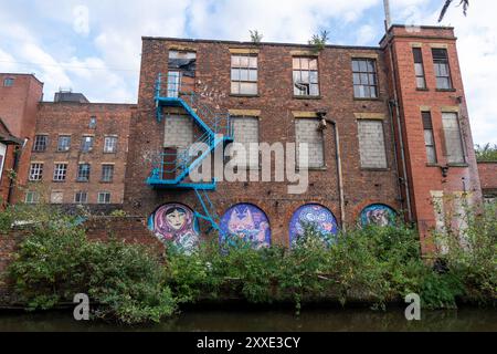 Rotes Backsteingebäude mit vielen Fenstern und Vegetation auf dem Dach neben dem Ashton-Kanal in Manchester. Stockfoto