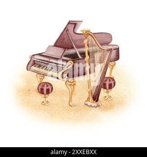 Klassisches Grand Piano Musikinstrument. Antike Vintage-Harfe handgezeichnete Komposition für Lehrbücher, Konzertposter, Notenblätter oder Flyer. Wasser Stockfoto