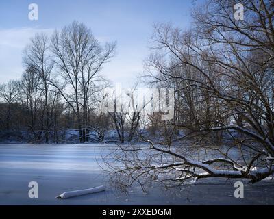 Blick auf einen gefrorenen See, umgeben von Bäumen. Eine Winterszene. Stockfoto