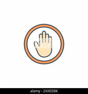 Stoppschild Handsymbol. Ein orangefarbener Kreis mit blauer Umrandung, der eine Hand mit ausgestreckten Fingern enthält, die ein Stoppzeichen darstellt. Stock Vektor