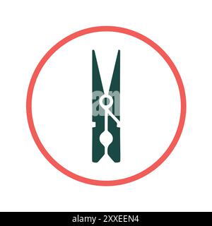 Design mit dem Symbol „Kleiderpflaster“. Einfache Illustration eines Kleiderpfeils, ein gängiges Haushaltsartikel, das zum Trocknen von Kleidung verwendet wird. Das Symbol ist kreisförmig Stock Vektor