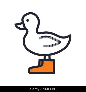 Ente trägt Stiefel Cartoon Illustration. Eine einfache Linienzeichnung einer Ente mit Stiefeln. Die Ente ist weiß und die Stiefel orange. Stock Vektor