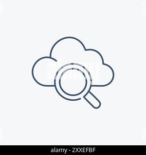 Design des Symbols für die Cloud-Suche. Einfaches Strichgrafik-Symbol, das eine Wolke mit einer Lupe darstellt und die Cloud-Suche oder Datenanalyse symbolisiert. Stock Vektor