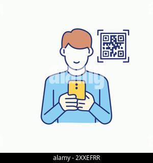 Scannen Sie den qr-Code über das Telefon. Eine Person, die ein Mobiltelefon benutzt, um einen QR-Code zu scannen, modernes Technologiekonzept. Stock Vektor