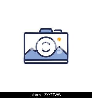 Kamerasymbol mit Berglandschaft. Einfache Strichgrafik-Illustration einer Kamera mit einer Berglandschaft im Sucher. Perfekt für Websites und m Stock Vektor