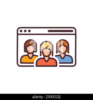 Abbildung des Online-Gruppen-Chats. Eine einfache Illustration, die eine Gruppe von Frauen zeigt, die online chatten, ideal für Websites und Social-Media-Posts über Kommunikation Stock Vektor