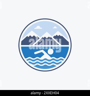 Logo-Design mit Mountain Schwimmen. Kreisförmiges Logo mit einem Schwimmer vor Bergen und Wasser. Perfekt für einen Schwimmclub oder See reso Stock Vektor