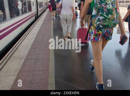 Passagiere eines mittelgroßen Zuges gehen mit ihren Koffern auf der Suche nach dem Bahnsteig entlang, um die Stadt zu besuchen oder eine andere Mea zu finden Stockfoto