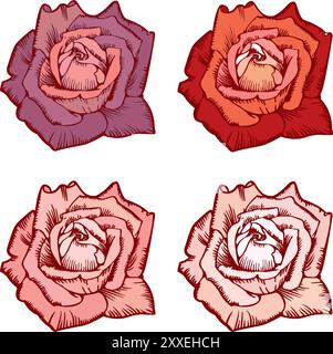 Große Kollektion von Rosen in Farbe für Design. Set mit detailreichen Blumen im handgezeichneten Stil. Vektor. Stock Vektor