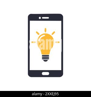 Mobiltelefon mit Glühlampensymbol. Abbildung eines Smartphone-Bildschirms mit einer glühenden Glühlampe, die Innovation und Ideen symbolisiert. Stock Vektor