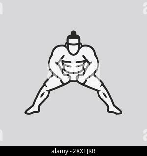 Sumo-Wrestler bereit zum Kampf. Schwarz-weiße Strichgrafik-Illustration eines Sumo-Ringers in einer Kampfstellung. Stock Vektor