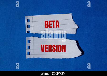 Betaversion Nachricht geschrieben auf zerrissenen Papierstücken mit blauem Hintergrund. Symbol für die konzeptionelle Beta-Version. Kopierbereich. Stockfoto