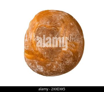Ganzer runder Brotlaib von frisch gebackenem Roggenbrot isoliert auf weißem Hintergrund. Frisches knuspriges Brot. Roggen- und Vollkornbrot. Gesund Stockfoto
