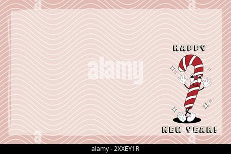 Bonbon Stock Groovy Karte. Vektorillustration im trendigen Retro-Stil. Abstrakter Hintergrund. Frohe Feiertage 2024 Stock Vektor