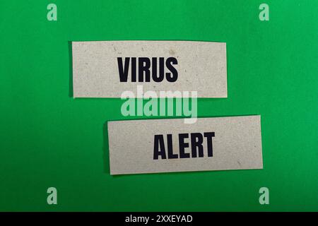 Virenwarnmeldung auf Papier mit grünem Hintergrund. Konzeptionelles Virus-Warnsymbol. Kopierbereich. Stockfoto