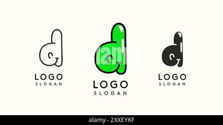 Verspielter Zeichentrickbuchstabe d mit glänzendem, sprudelndem Aussehen, erhältlich in Silhouette, Kontur und farbigen Versionen. Perfekt für Kinder Stock Vektor