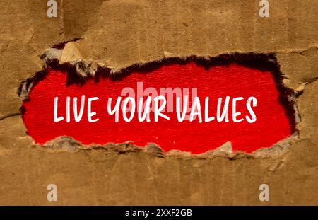 Live Your Values Botschaft auf zerrissenem Papppapier mit rotem Hintergrund. Konzeptionell Leben Sie Ihre Werte Symbol. Kopierbereich. Stockfoto