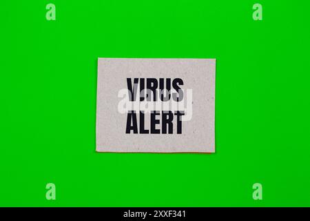 Virenwarnmeldung auf Papier mit grünem Hintergrund geschrieben. Konzeptionelles Virus-Warnsymbol. Kopierbereich. Stockfoto