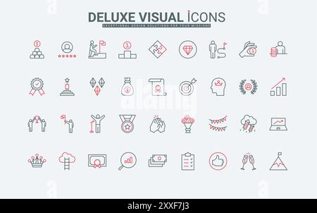 Symbole für den Preis für Geschäftserfolg und die Prämienlinie für Unternehmenserfolg Applaus und Medaille, Vorlieben und Krone des Champions, Karriere und Ziel des Führers dünne schwarze und rote Umrisssymbole Vektor-Illustration Stock Vektor